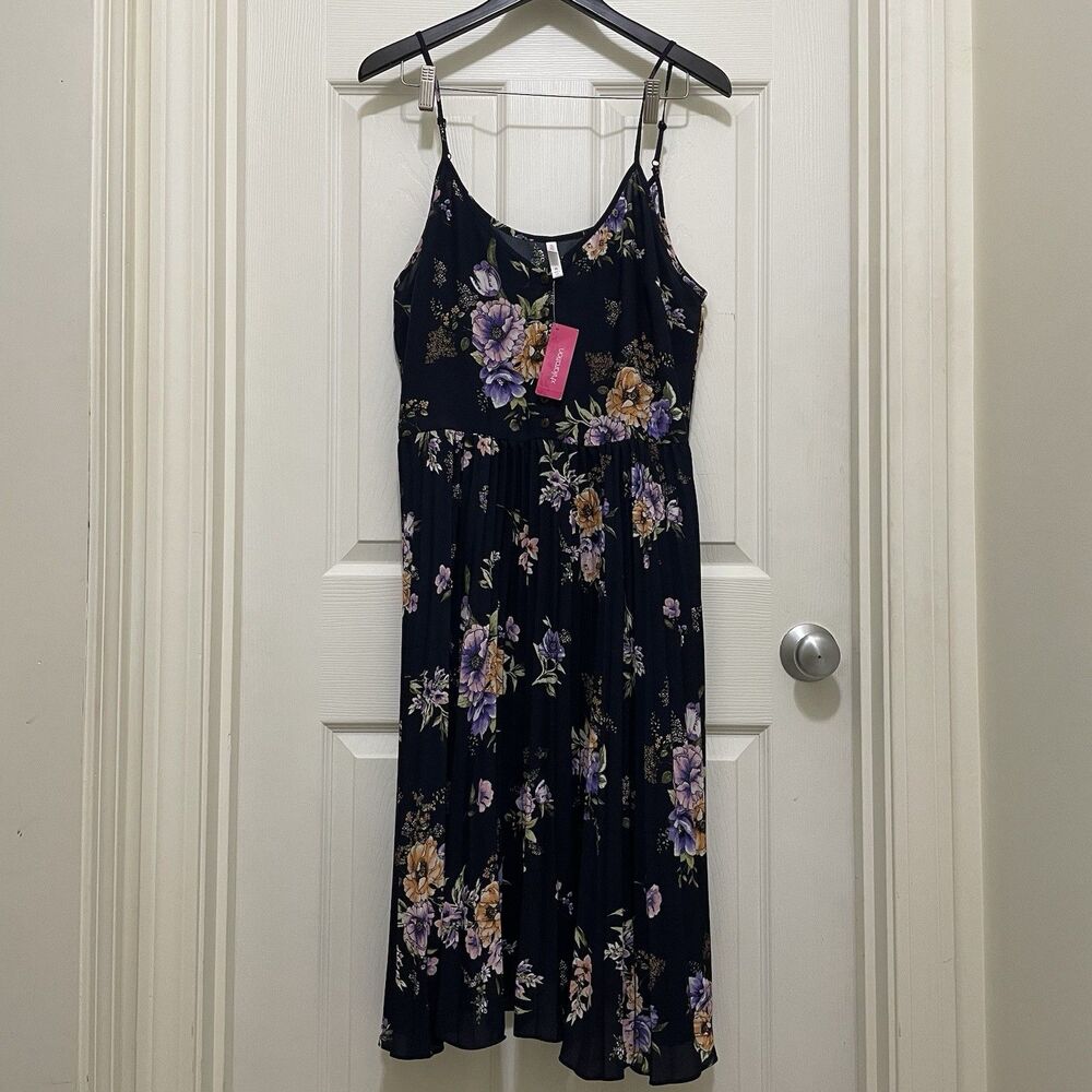NEW Xhilaration Chiffon Midi Dress Pleated Navy‎ Floral Sleeveless X-Large XL